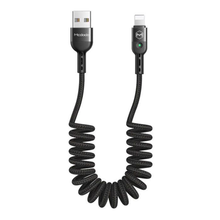 Curled Lightning USB Charging Cable for iPhone - Spiral Nylon Data Cable 1.8 Meter Charger Cable Black