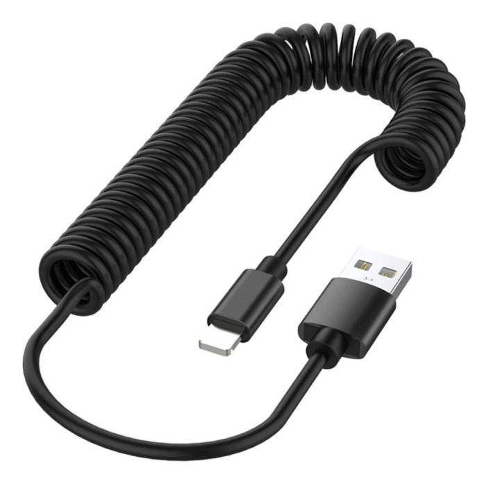 Cable de carga USB rizado Lightning para iPhone - Cable de datos en espiral de carga rápida 2.4A Cable cargador de 1.1 metros Negro