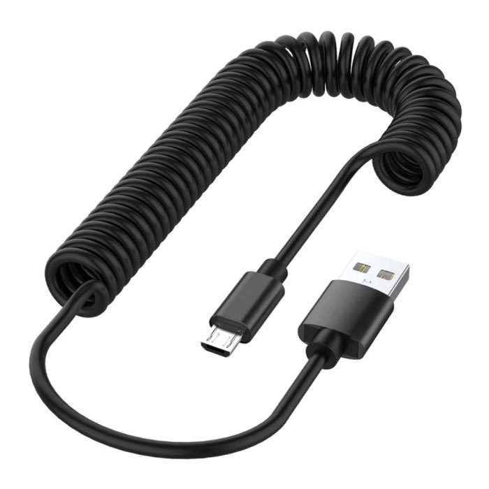 Curled Micro-USB Charging Cable - Fast Charge 2.4A Spiral Data Cable 1.1 Meter Charger Cable Black