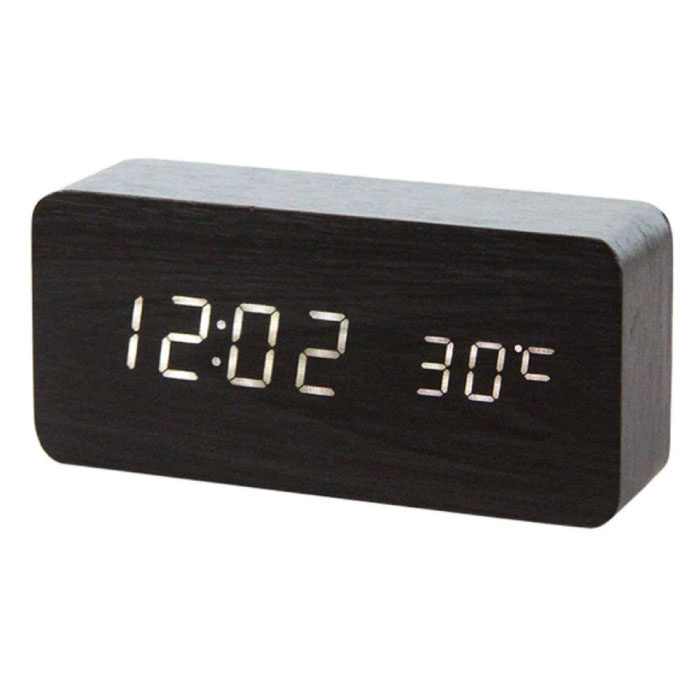 Reloj LED digital de madera - Reloj despertador Ajuste de brillo de temperatura de repetición de alarma Negro