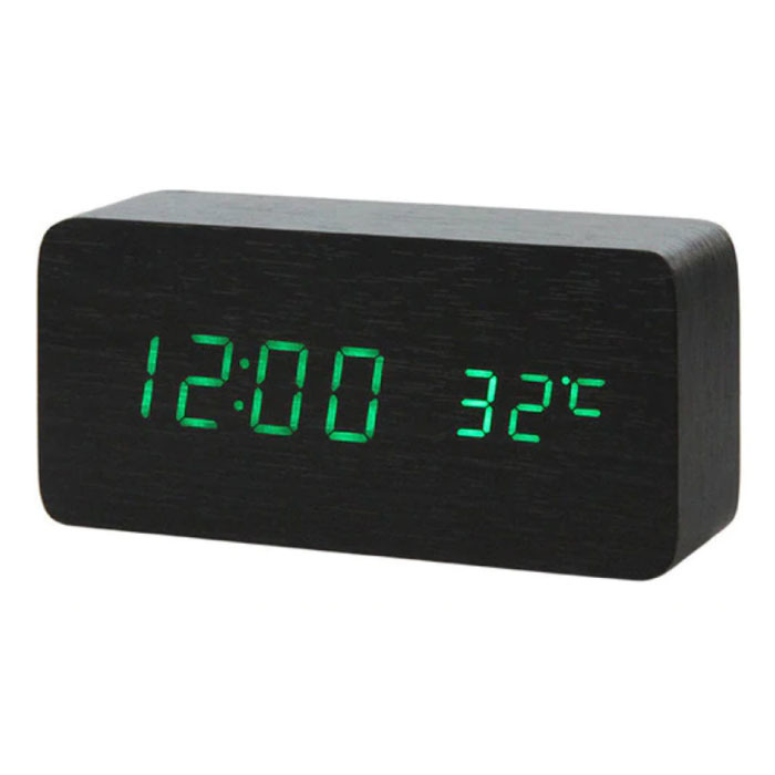 Reloj LED digital de madera - Reloj despertador Ajuste de brillo de temperatura de repetición de alarma Negro