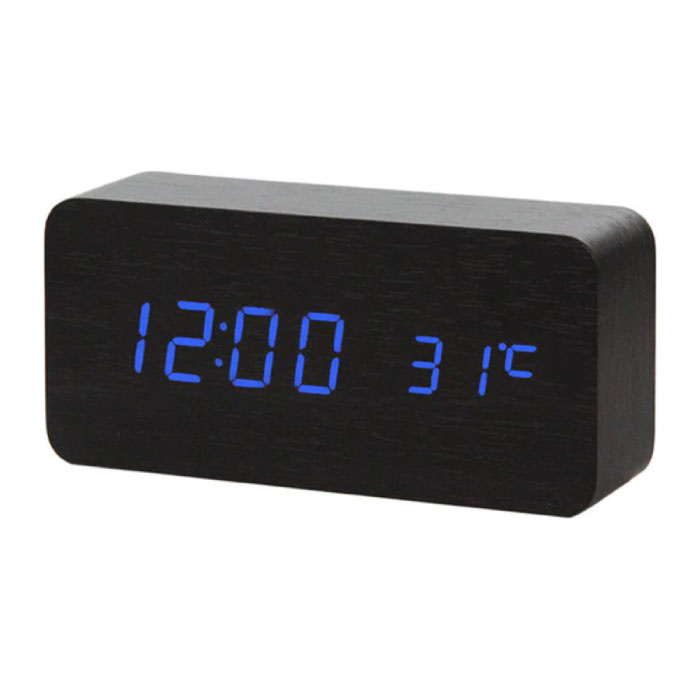 Digitale LED-Uhr aus Holz - Wecker Wecker Schlummertemperatur-Helligkeitseinstellung Schwarz