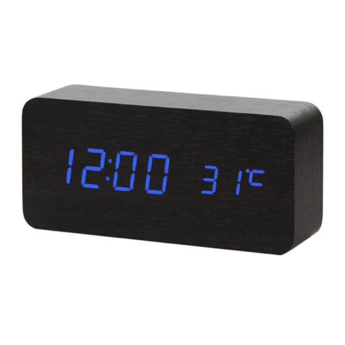 Houten Digitale LED Klok - Wekker Alarm  Snooze Temperatuur Helderheid Aanpassing Zwart