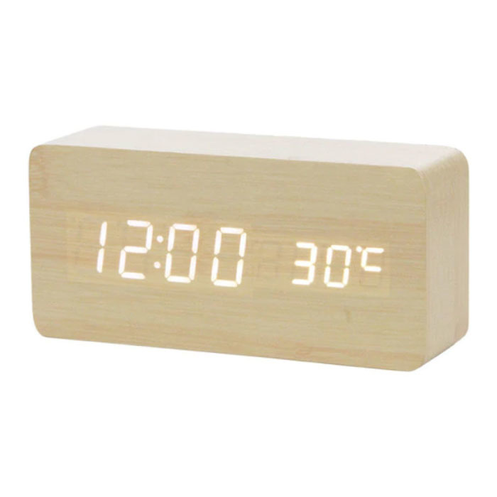 Orologio LED digitale in legno - Sveglia Allarme Snooze Temperatura Regolazione luminosità Bianco