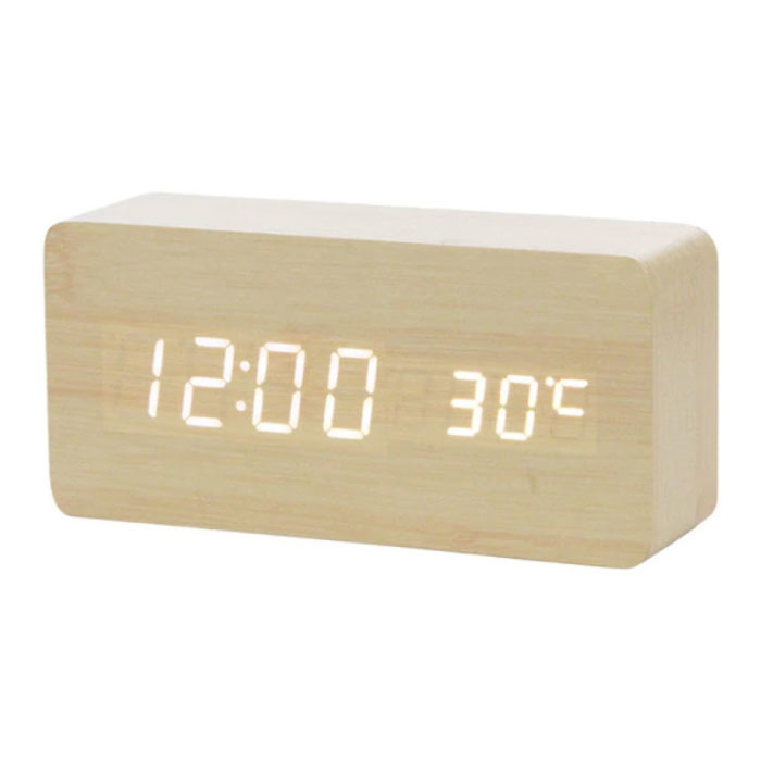 Wooden Digital LED Clock - Alarm Clock Alarm Snooze Temperature Brightness Adjustment White