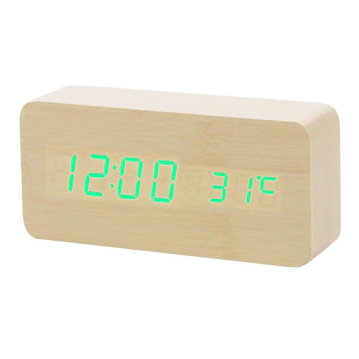 Drewniany Cyfrowy Zegar LED - Budzik Alarm Drzemka Temperatura Regulacja jasności Brązowy