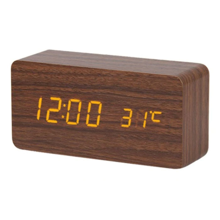 Reloj LED digital de madera - Reloj despertador Ajuste de brillo de temperatura de repetición de alarma Marrón