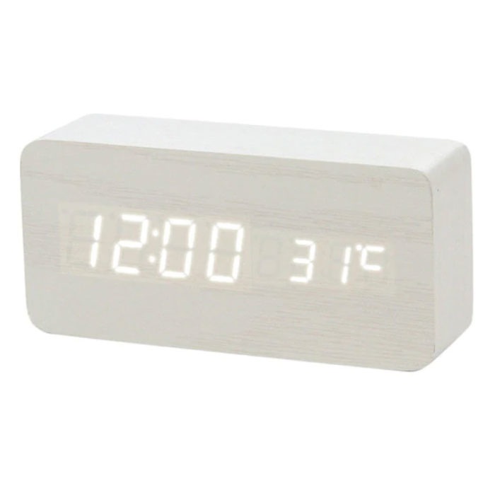 Reloj LED digital de madera - Reloj despertador Alarma Snooze Temperatura Ajuste de brillo Blanco