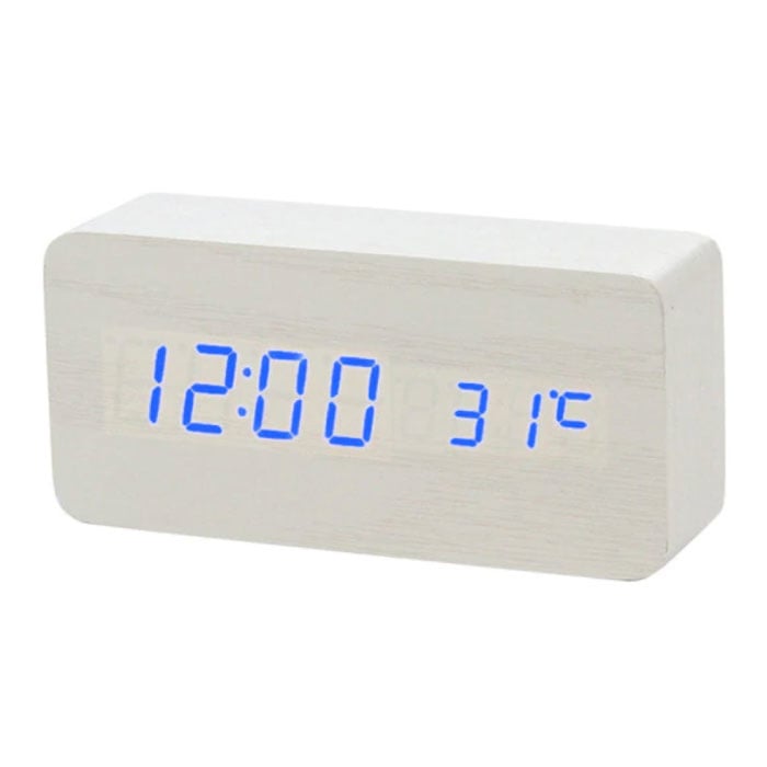 Horloge LED numérique en bois - Réveil Alarme Snooze Réglage de la luminosité de la température Blanc