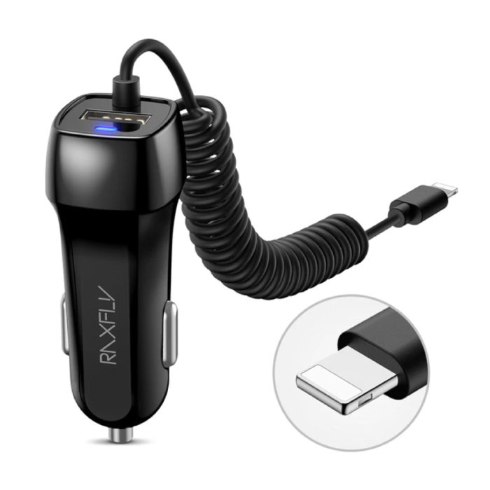 Lightning USB Car Charger / Carcharger for iPhone with 2.4A Fast Charging - Black