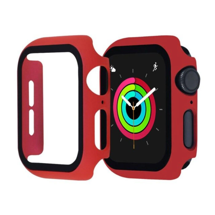 Full Cover voor iWatch Series 44mm - Hoesje en Screen Protector - Tempered Glass Hard Case TPU Rood