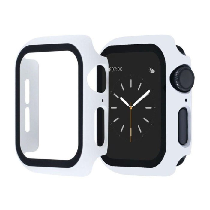 Full Cover voor iWatch Series 44mm - Hoesje en Screen Protector - Tempered Glass Hard Case TPU Wit