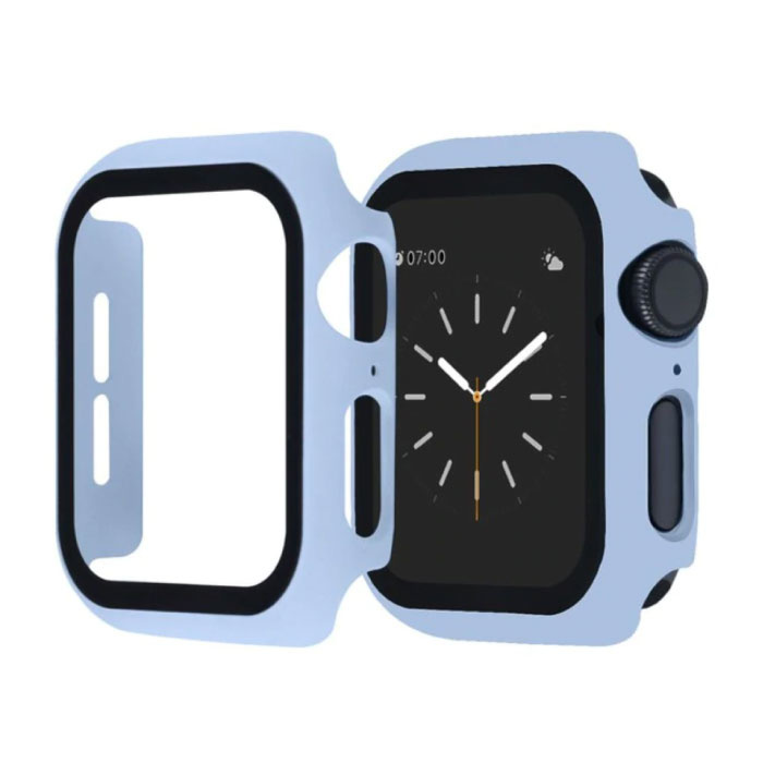Full Cover voor iWatch Series 44mm - Hoesje en Screen Protector - Tempered Glass Hard Case TPU Lichtblauw