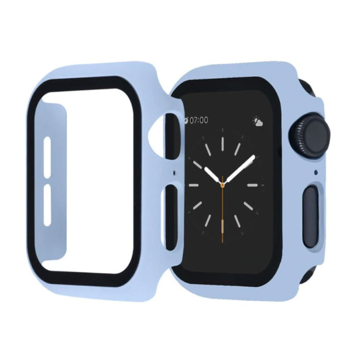 Stuff Certified® Carcasa completa para iWatch Series 44 mm - Carcasa y protector de pantalla - Carcasa rígida de vidrio templado TPU Azul claro