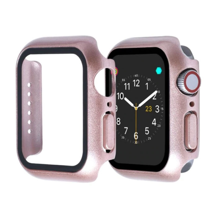 Carcasa completa para iWatch Series 44 mm - Carcasa y protector de pantalla - Carcasa rígida de vidrio templado TPU Oro rosa