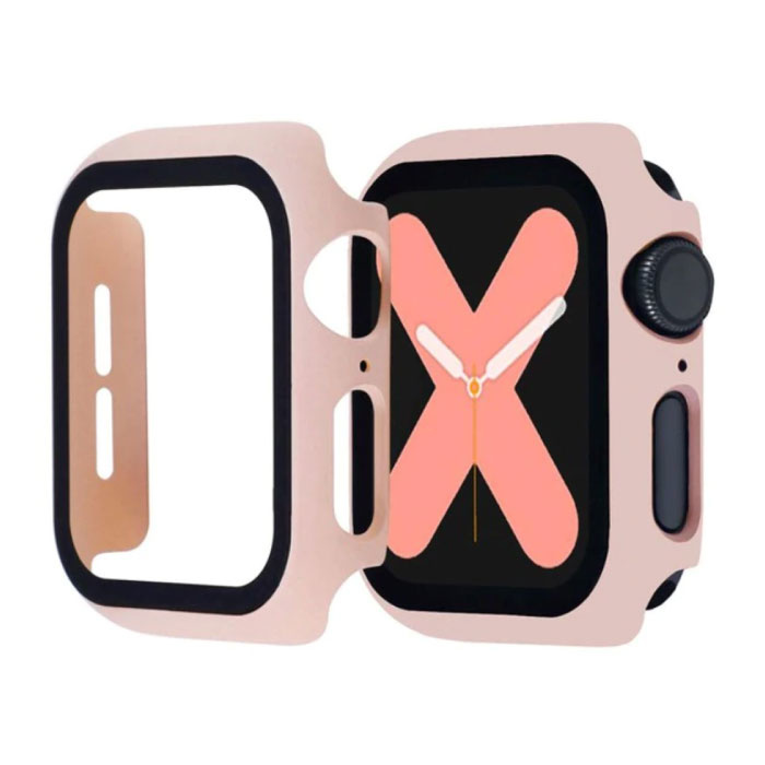 Carcasa completa para iWatch Series 44 mm - Carcasa y protector de pantalla - Carcasa rígida de vidrio templado TPU Rosa