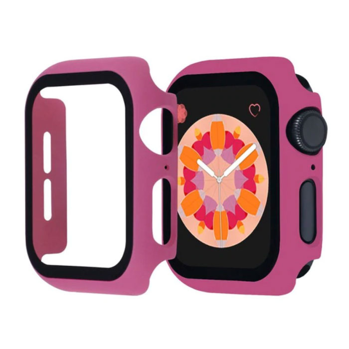 Cover completa per iWatch Series 44mm - Custodia e protezione schermo - Custodia rigida in vetro temperato TPU Rosa scuro