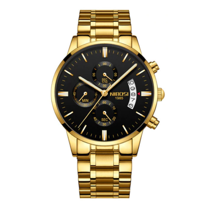 Reloj de acero para hombre - Movimiento anólogo con correa de lujo para hombre, cuarzo dorado