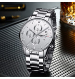 Nibosi Montre en acier pour homme - Bracelet de luxe Mouvement Anologue pour homme Quartz Argent