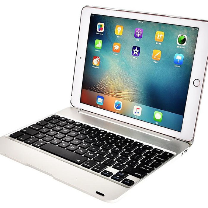 Funda con teclado para iPad 9.7 "- QWERTY Teclado multifunción Bluetooth Funda inteligente de aluminio Funda plateada