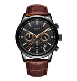 Lige Montre de luxe pour homme avec bracelet en cuir - Mouvement mécanique Anologue pour homme Quartz noir