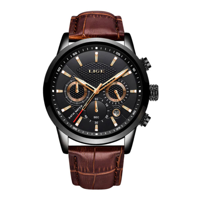 Luksusowy zegarek męski ze skórzanym paskiem - mechanizm mechaniczny Anologue dla mężczyzn Quartz Black
