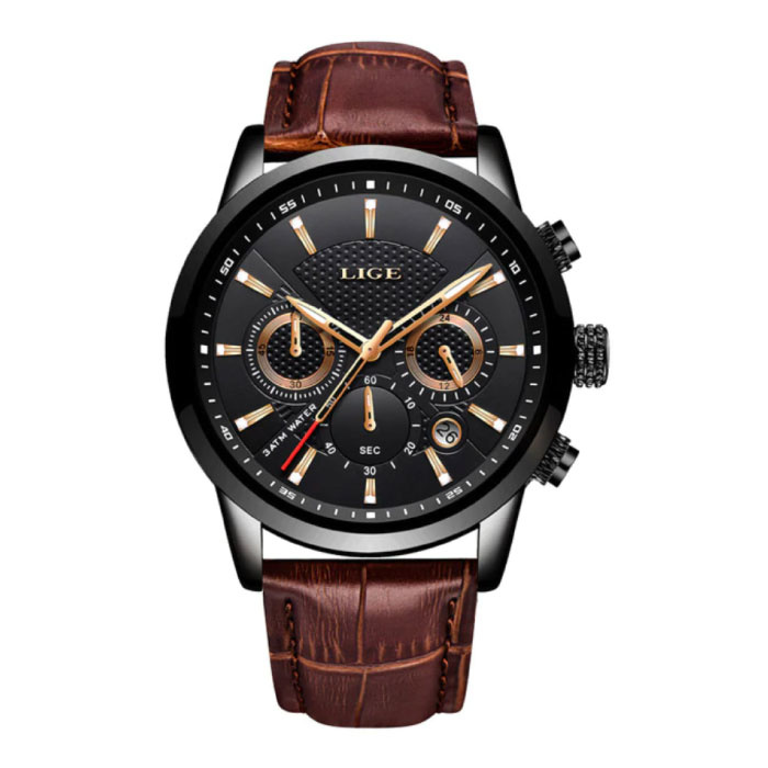 Reloj de lujo para hombre con correa de piel - Movimiento mecánico Anologue para hombre de cuarzo negro