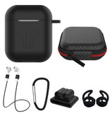 Stuff Certified® 6 in 1 Kit für AirPods 1/2 Schwarz - Koffer / Anti-Lost-Gurt / Karabiner / Aufbewahrungskoffer / Tragegurt / 2x Staubschutz