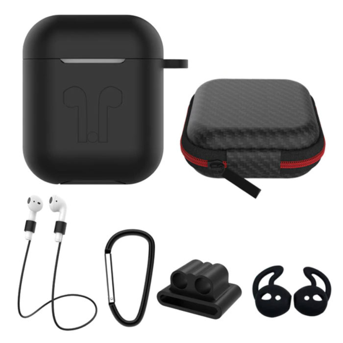 6 in 1 Kit für AirPods 1/2 Schwarz - Koffer / Anti-Lost-Gurt / Karabiner / Aufbewahrungskoffer / Tragegurt / 2x Staubschutz