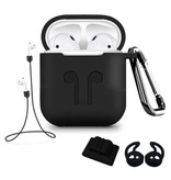 Stuff Certified® Kit 6 en 1 para AirPods 1/2 Negro - Estuche / Correa antipérdida / Mosquetón / Estuche de almacenamiento / Correa de transporte / 2x Funda antipolvo