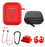 Stuff Certified® 6 in 1 Kit für AirPods 1/2 Rot - Koffer / Anti-Lost-Gurt / Karabiner / Aufbewahrungskoffer / Tragegurt / 2x Staubschutz