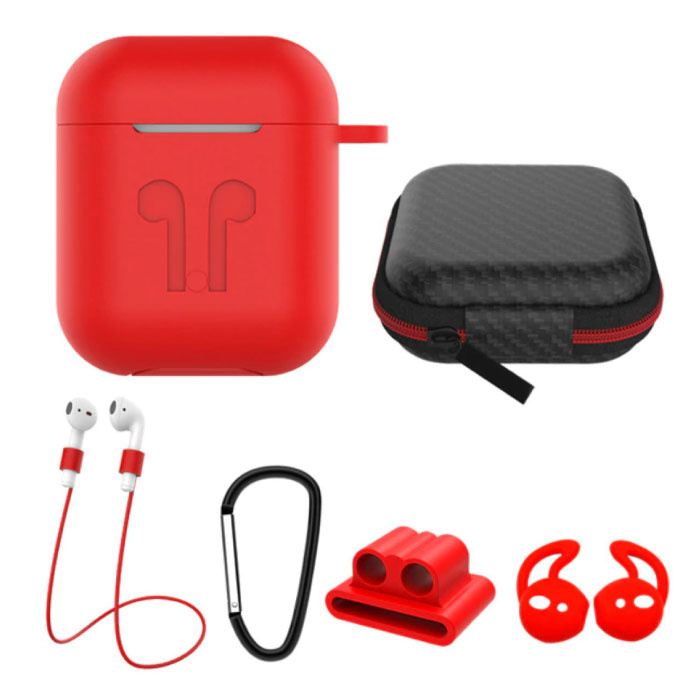 6 in 1 Kit für AirPods 1/2 Rot - Koffer / Anti-Lost-Gurt / Karabiner / Aufbewahrungskoffer / Tragegurt / 2x Staubschutz