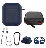 Stuff Certified® 6 in 1 Kit für AirPods 1/2 Blau - Koffer / Anti-Lost-Gurt / Karabiner / Aufbewahrungskoffer / Tragegurt / 2x Staubschutz