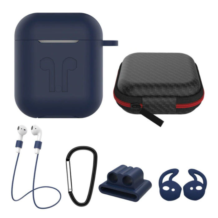 Kit 6 en 1 para AirPods 1/2 Azul - Estuche / Correa anti-perdida / Mosquetón / Estuche de almacenamiento / Correa de transporte / 2x Funda protectora