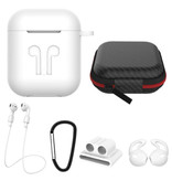 Stuff Certified® Kit 6 in 1 per AirPods 1/2 bianco - Custodia / Cinturino anti-smarrimento / Moschettone / Custodia / Cinghia per il trasporto / 2x Coperchio antipolvere