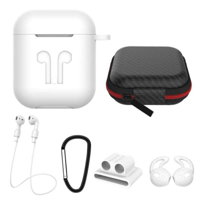 6 in 1 Kit für AirPods 1/2 Weiß - Koffer / Anti-Lost-Gurt / Karabiner / Aufbewahrungskoffer / Tragegurt / 2x Staubschutz