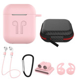 Stuff Certified® Kit 6 in 1 per AirPods 1/2 rosa - Custodia / Cinghia anti-smarrimento / Moschettone / Custodia / Cinghia per il trasporto / 2x Coperchio antipolvere