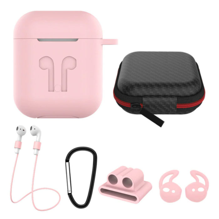 Kit 6 en 1 para AirPods 1/2 Rosa - Estuche / Correa anti-perdida / Mosquetón / Estuche de almacenamiento / Correa de transporte / 2x Funda protectora