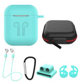 Stuff Certified® Kit 6 en 1 pour AirPods 1/2 bleu clair - étui / sangle anti-perte / mousqueton / étui de rangement / sangle de transport / 2x housse anti-poussière