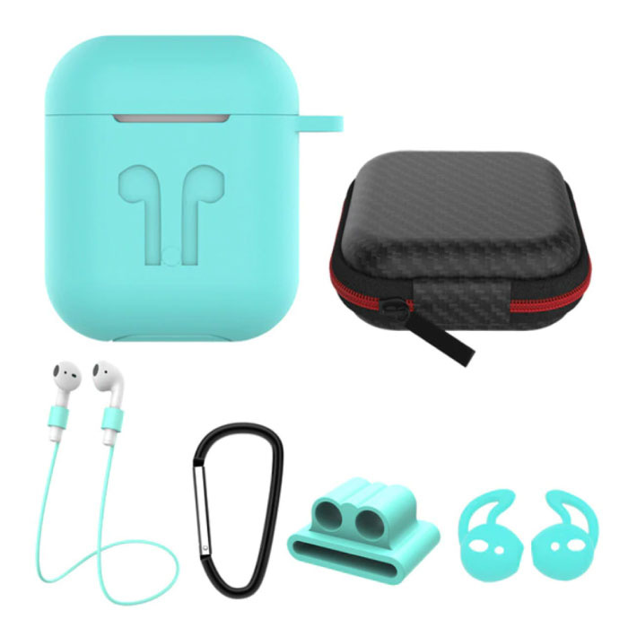 6 in 1 Kit für AirPods 1/2 Hellblau - Koffer / Anti-Lost-Gurt / Karabiner / Aufbewahrungskoffer / Tragegurt / 2x Staubschutz