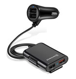 XEDAIN Quick Charge 3.0 Autolader met Verlengkabel en 4 Poorten  30W / 3.1A - Quad Port Carcharger Extension Cable - Zwart