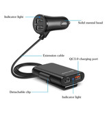 XEDAIN Quick Charge 3.0 Autolader met Verlengkabel en 4 Poorten  30W / 3.1A - Quad Port Carcharger Extension Cable - Zwart