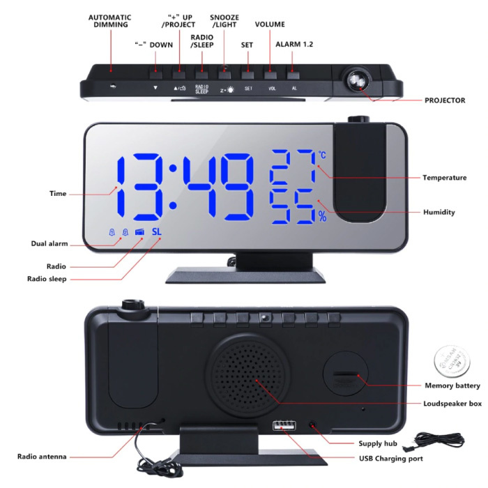 Sveglia a proiezione a led multifunzionale con funzione di
