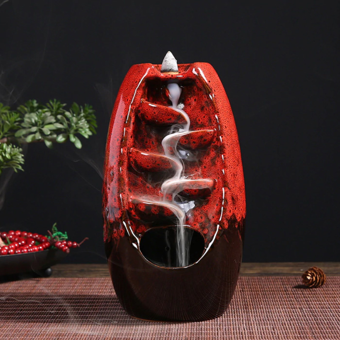 Aromaterapia Bruciatore di incenso ornamentale a cascata Riflusso - Bruciatore di incenso a riflusso Feng Shui Decor Ornament Red