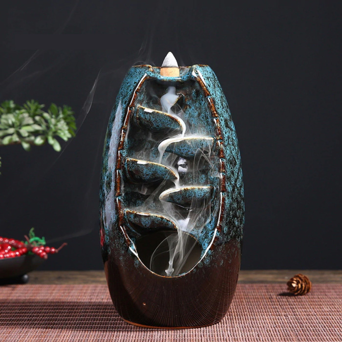 Quemador de incienso ornamental de aromaterapia cascada de reflujo - quemador de incienso de reflujo Feng Shui decoración ornamento azul