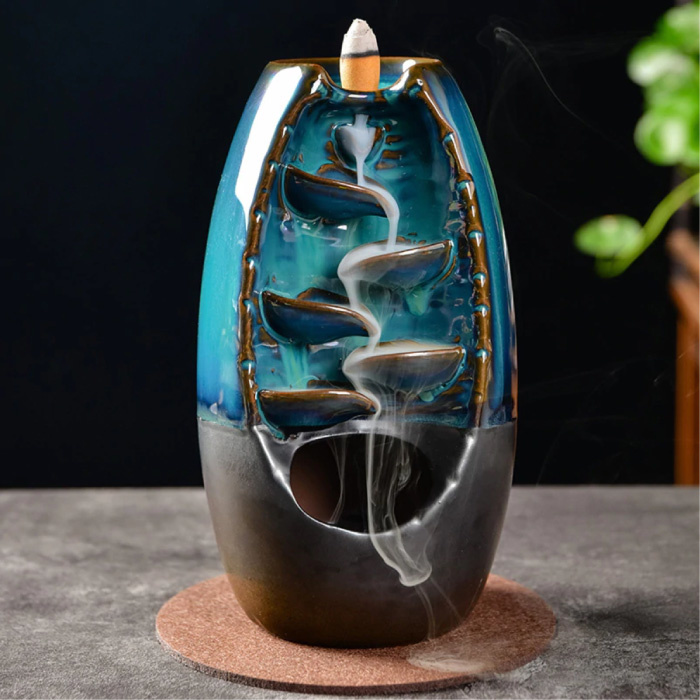 Quemador de incienso ornamental de aromaterapia cascada de reflujo - quemador de incienso de reflujo Feng Shui decoración ornamento azul claro