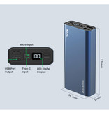 TOPK Banque d'alimentation externe en aluminium 20.000mAh - Chargeur de batterie d'affichage à LED pour batterie d'urgence à double port Bleu