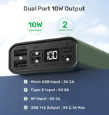 TOPK Banco de energía de aluminio de 20.000 mAh Externo - Puerto dual Batería de emergencia Pantalla LED Cargador de batería Cargador Verde