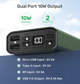 TOPK Banque d'alimentation externe en aluminium 20.000mAh - Chargeur de batterie d'affichage à LED pour batterie d'urgence à double port Vert