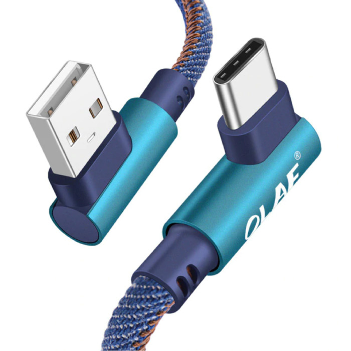 Cavo di ricarica USB-C 90 ° - 1 metro - Cavo dati per caricabatterie in nylon intrecciato Android blu